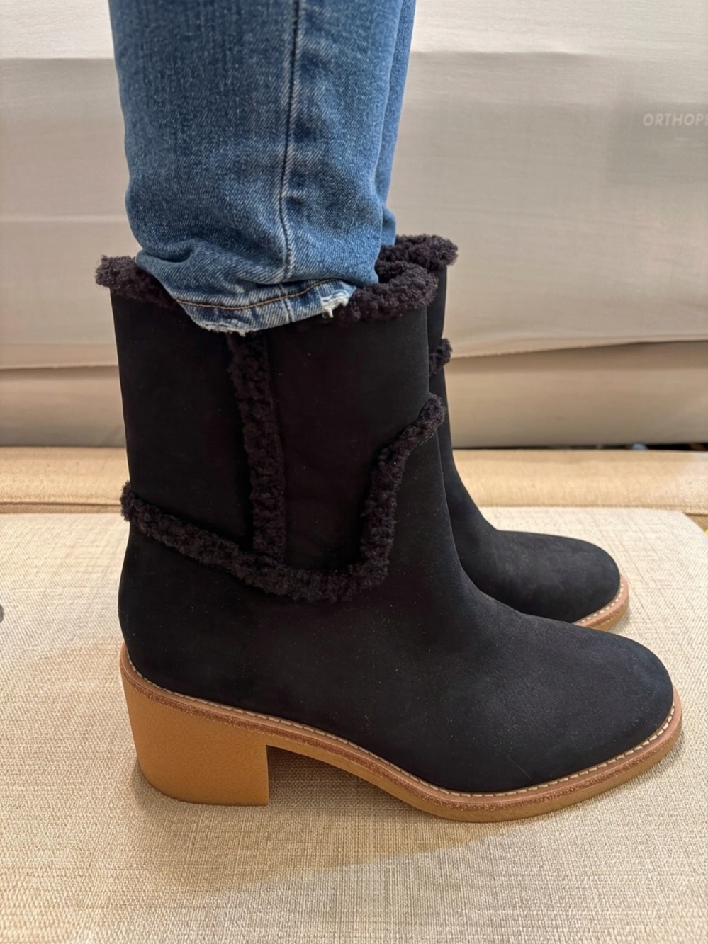 J. Crew Black Suede Ankle Boots with Tan Block Heel